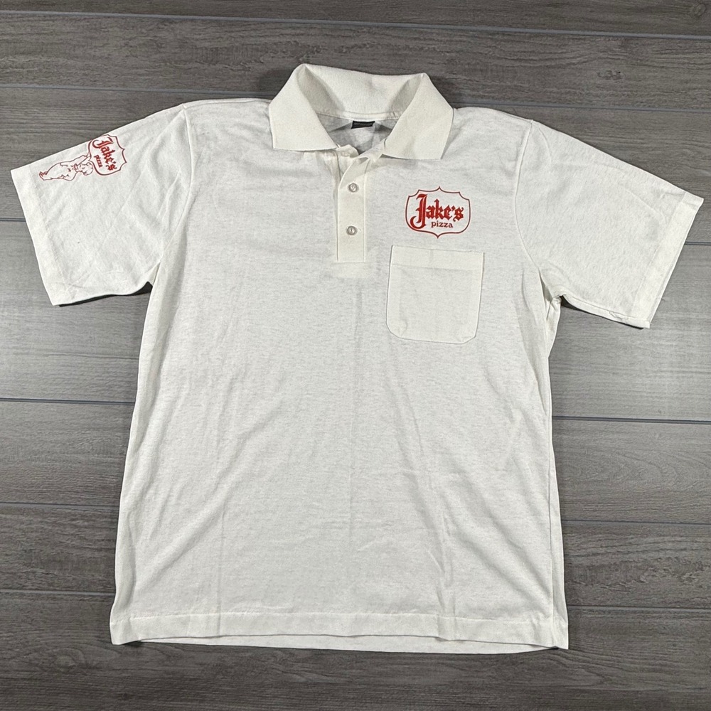 Vintage Jakes Pizza White Short Sleeve Polo Shirt L Logo Spell Out Pocket